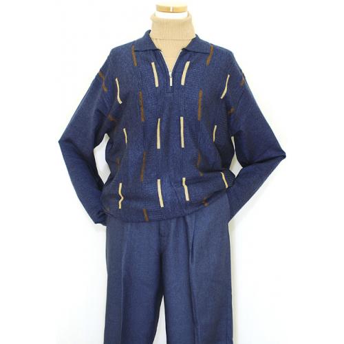 Michael Irvin Navy Blue With Brown Beige Dashes Zip-Up Mark Net Knitted  2 PC Outfit 5080